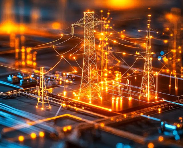 Digital illustration of an illuminated power grid representing electricity distribution and Jointing Tech’s industry focus.